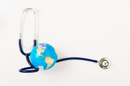 World health day concept, Stethoscope and globe on white background with copy space. Global health care