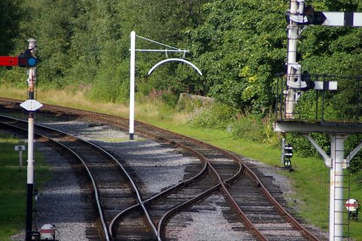 Railway tracks, signals and points on a vintage railway in the UK