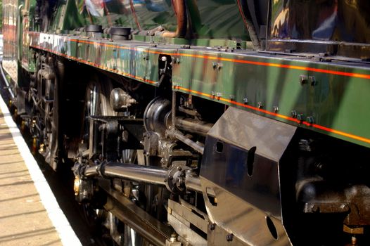 Green steam locomotive engine drive wheel assembly