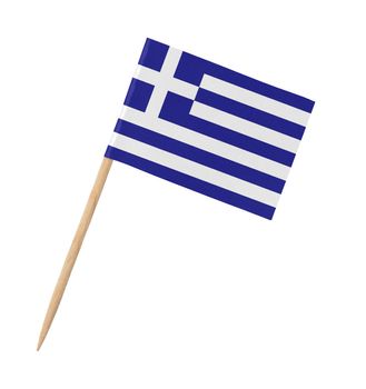 Small paper Greek flag on wooden stick, isolated on white