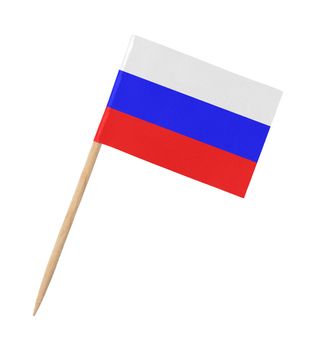 Small paper Russian flag on wooden stick, isolated on white