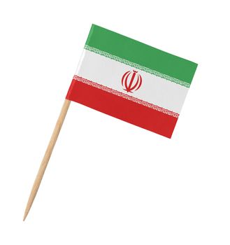 Small paper Iranian flag on wooden stick, isolated on white