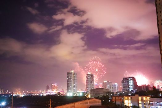 Fireworks display over the Bangkok city in Thailand.