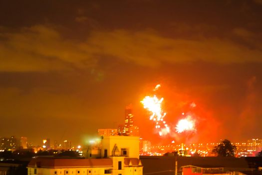 Fireworks display over the Bangkok city in Thailand.