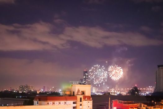 New Year fireworks in Bangkok. Beautiful night panorama. Celebrating festive salute