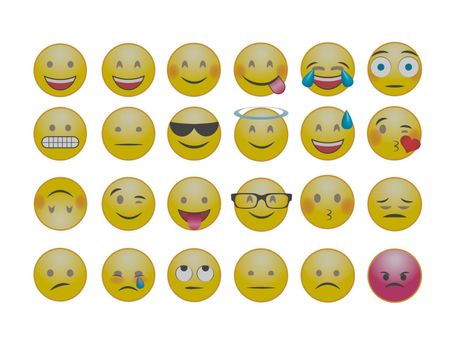 several yellow smiley with expressions on white background - 3d rendering