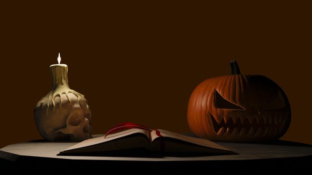 Vintage old Halloween book with skull candle at night - 3d rendering