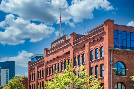 Old brick building by the Platte River in downtown Denver