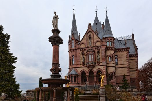 Konigswinter, Germany - 2 March 2019: Drachenburg castle on a gloomy day