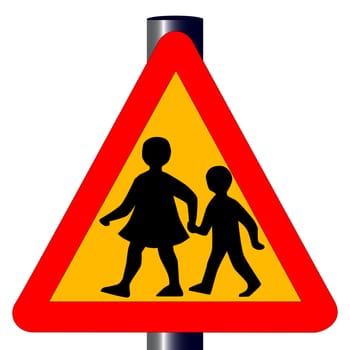 The traditional amber 'children crossing' traffic sign isolated on a white background..