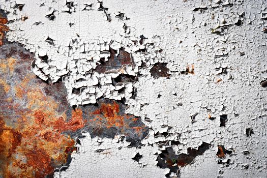 background or texture old peeled white paint on rusty iron plate