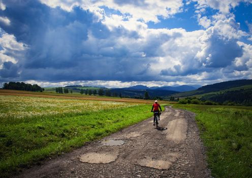 seasonal landscape cyclist going through the foothill summer country