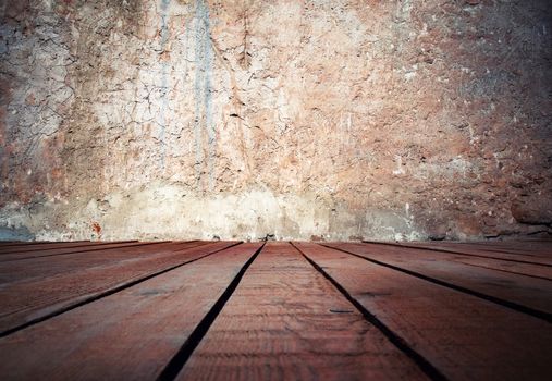 background or texture old wall with old wooden floor