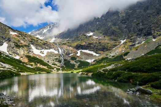 nature seasonal background waterfall and mountain lake