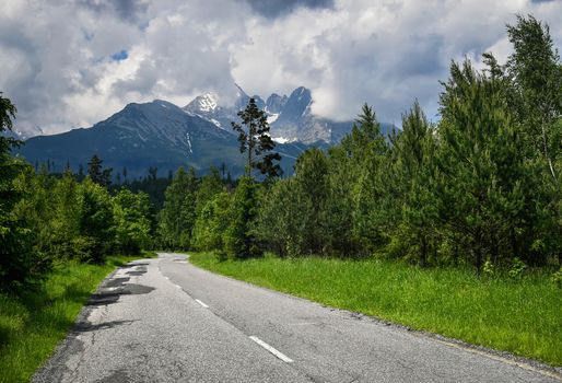 nature seasonal background asphalt road through mountain forest with peaks