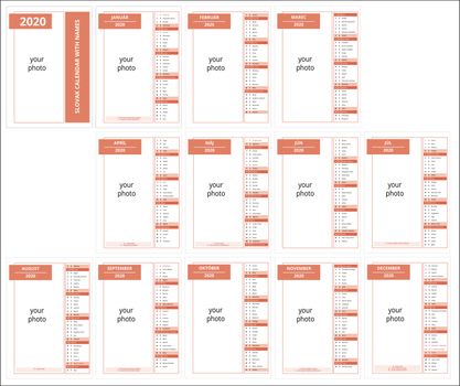 vector Slovak calendar with names for 2020 with place for photo