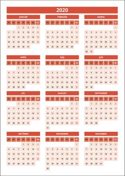 small slovak calendar for 2020 red color