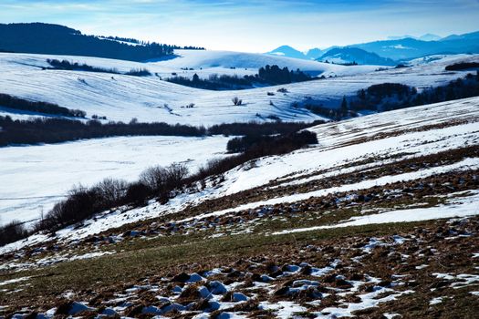 seasonal background Melting snow on a winter landscape