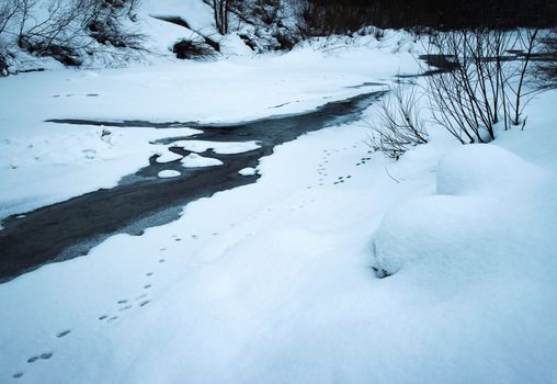 seasonal nature background winter on a dark little river