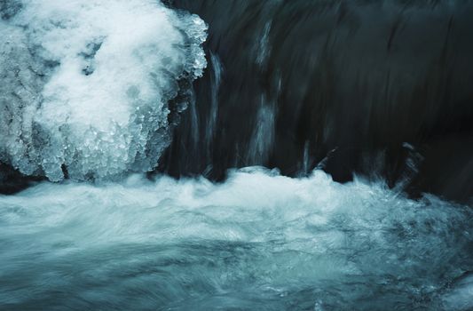 seasonal background detail on the frozen river rapids