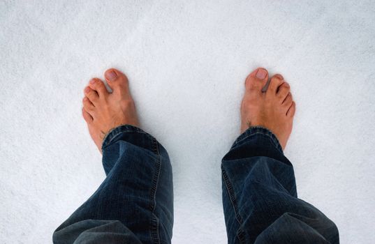 seasonal background bare feet in the snow