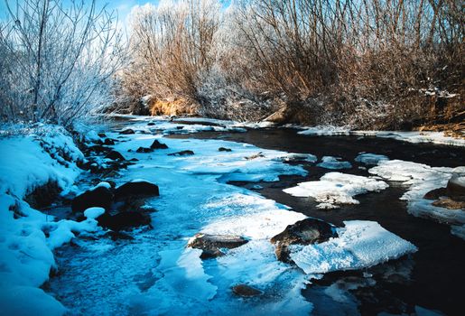 seasonal nature background the early evening frozen little river