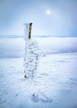 landscape seasonal background Post with tourist sign snowy