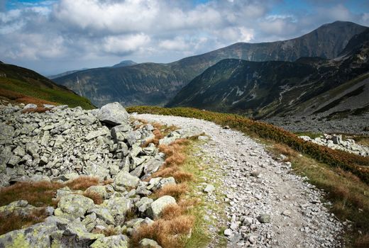 autumn landscape background stone pavement high in the mountains