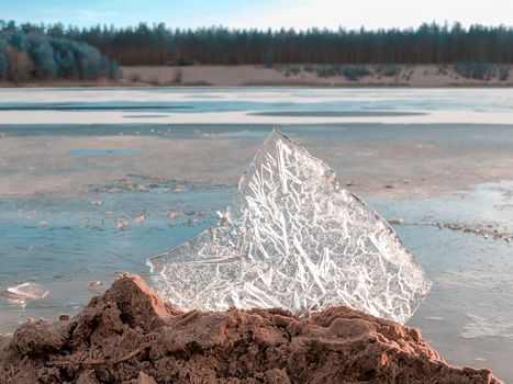 Close up of Ice on the beach. Beach on Eastern seaside of Europe in Estonia with ice chunks. Copy space for text box. Image for wallpaper and desktop