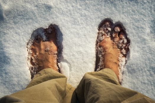 seasonal background bare feet in white snow