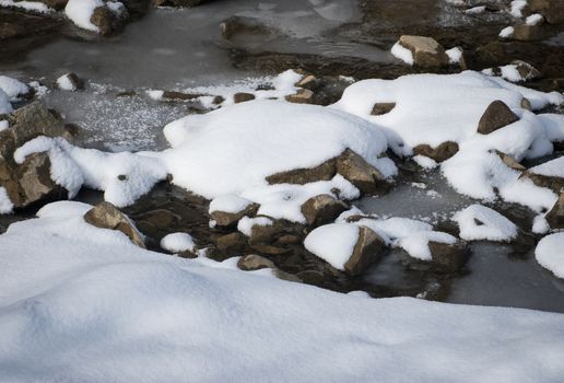 nature seasonal winter background snow on the freezing edge of the river