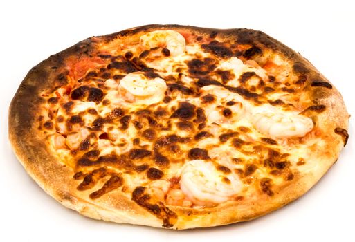 Pizza with scampi and shrimp cooked in a wood oven on a white background