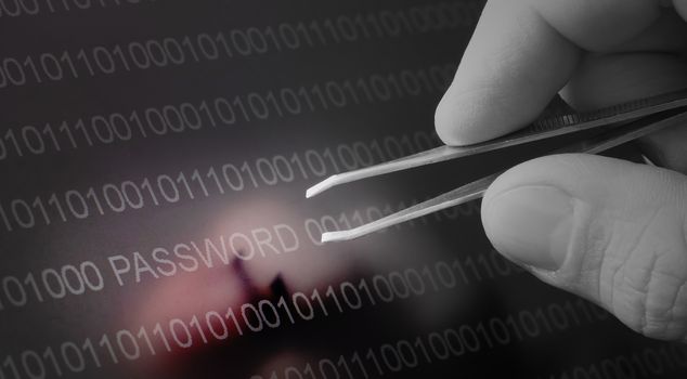 Binary code, password vulnerability taking out with tweezers, selective focus