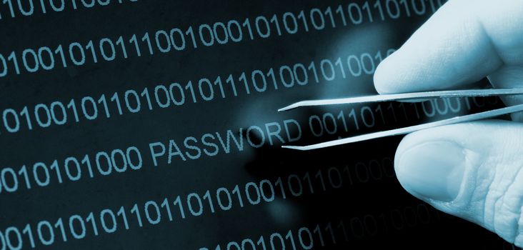 Binary code, password vulnerability taking out with tweezers, selective focus