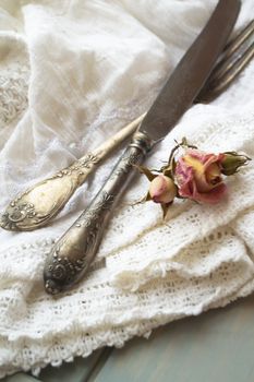 vintage cutlery set with fork and knife, vertical