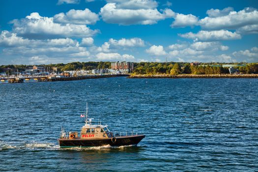 Pilot boat in blue water off the coast of Maine