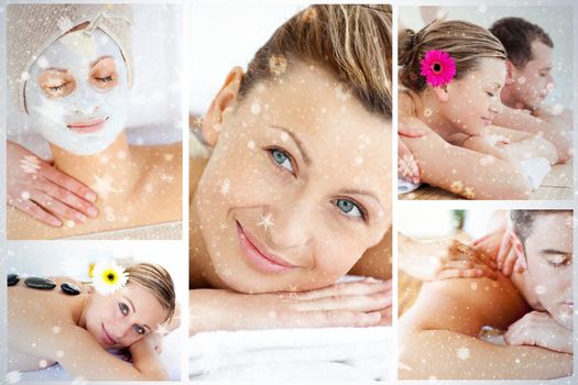 Collage of young people having relaxation treatments against snow