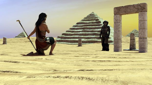 An ancient Egyptian woman watching a man from space - 3d rendering