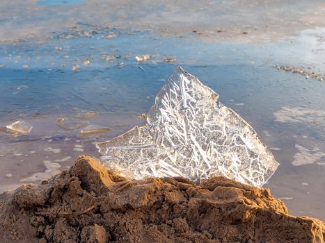 Close up of Ice on the beach. Beach on Eastern seaside of Europe in Estonia with ice chunks. Copy space for text box. Image for wallpaper and desktop