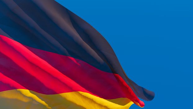 3D rendering of the German national flag against a blue sky.