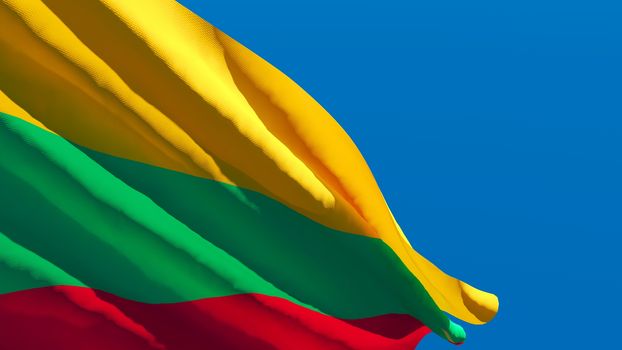 3D rendering of the Lithuania national flag against a blue sky.