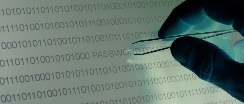 Binary code, password vulnerability taking out with tweezers, selective focus