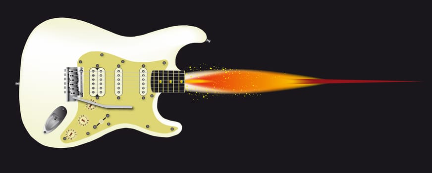 A electric guitar complete with tremolo system spouting flames from the neck, as a space rocket.