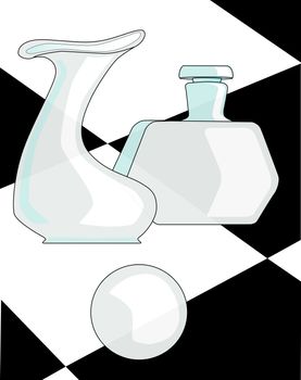 A cubist type drawing of a vase, a paper weight and a bottle set against a black and white check background