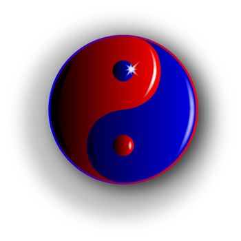 Yin and Yang in red and blue with shadow and light reflections
