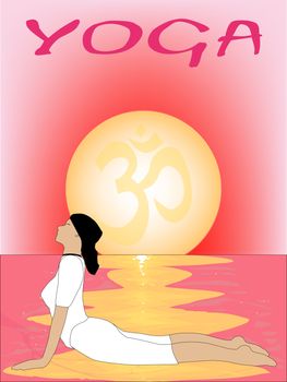 A yoga poster set on a pink oriental sunrise