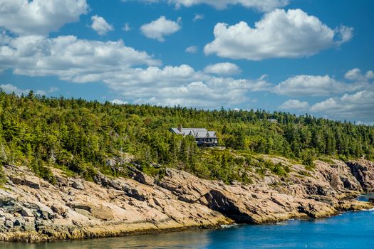 Evergreen trees on the coast of a lake in Maine with mansion in trees