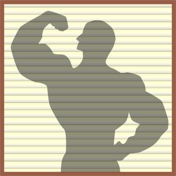 A body builder shadow posing over blinds.