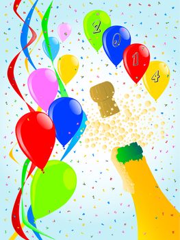 Multi coloured balloons, confetti and streamers, a party image.
