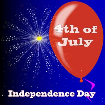 A flyaway red balloon with a skyrocket explosion with fallout, with the legends Independence Day and 4th of July.